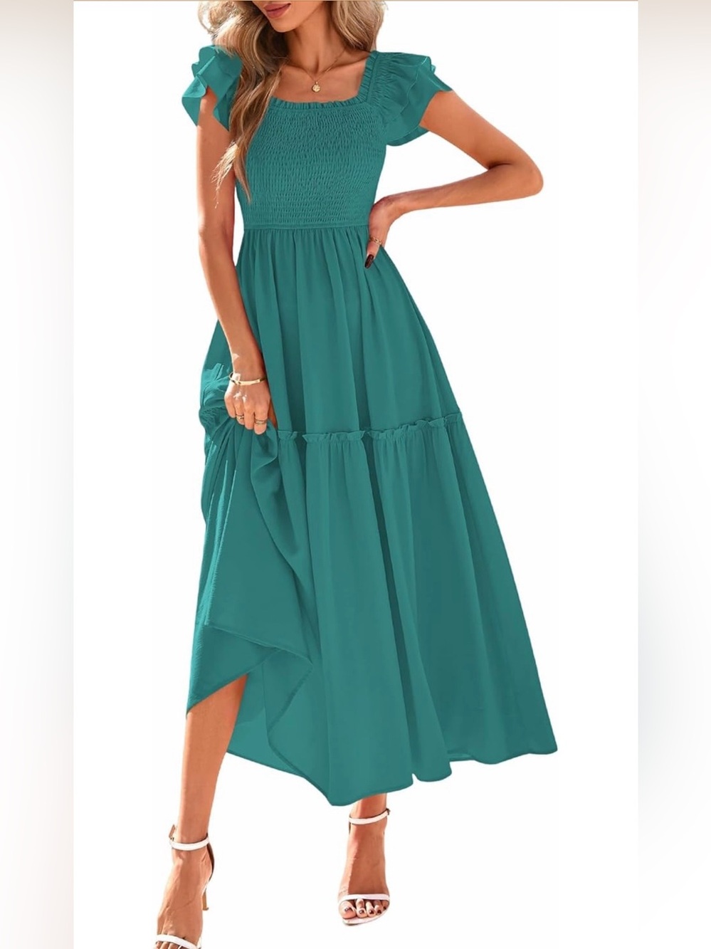 Smocked Bodice Teal Maxi Dress with Ruffle Cap Sleeves